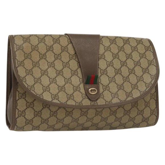 GUCCI GG Supreme Web Sherry Line Clutch Bag PVC Beige 156 01 031 Auth 139574 - Picture 1 of 16